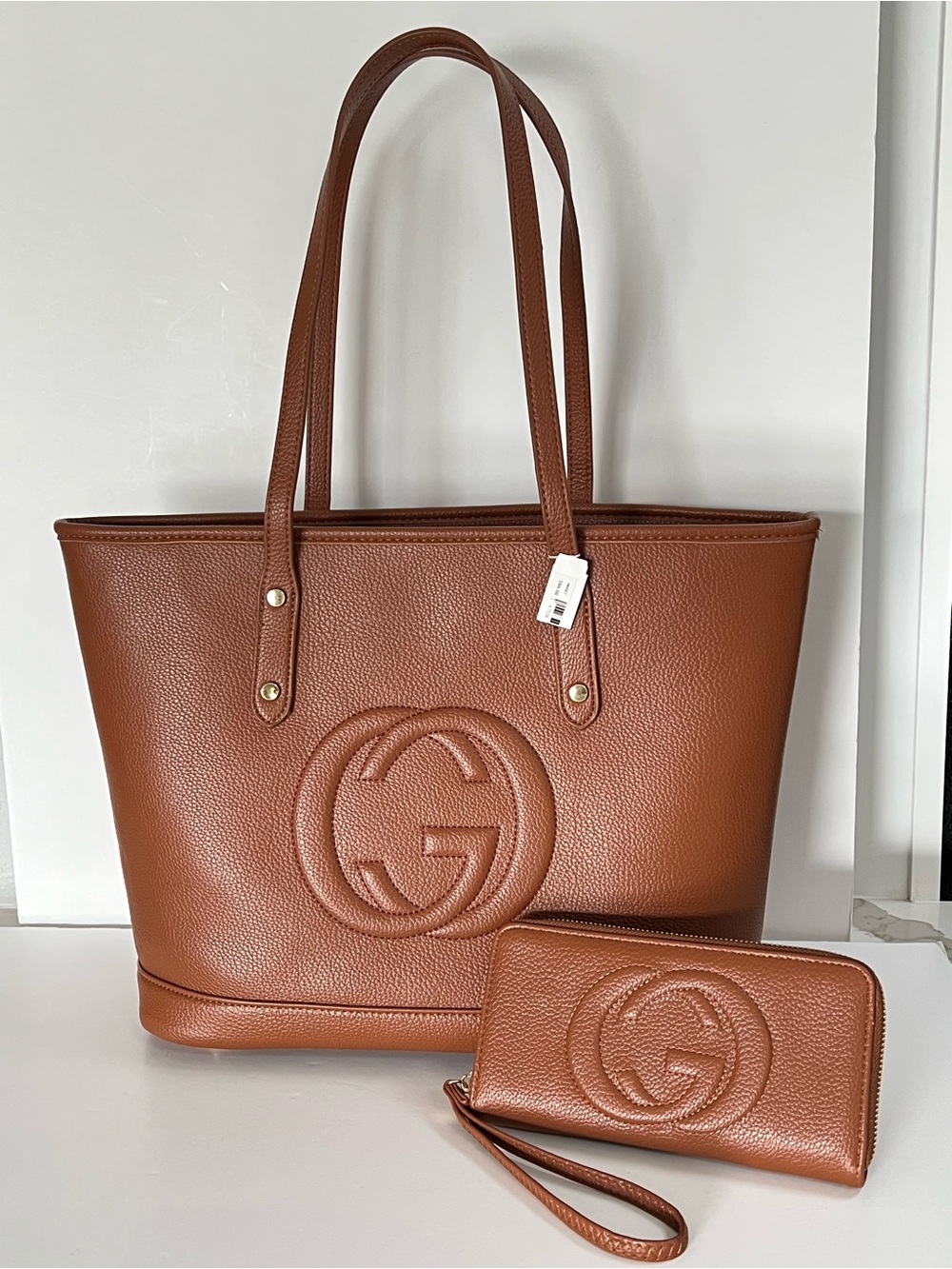 No Brand Fashion GC Tan Faux Leather Gold Hardware Tote Shoulder Plus Wallet NWT
